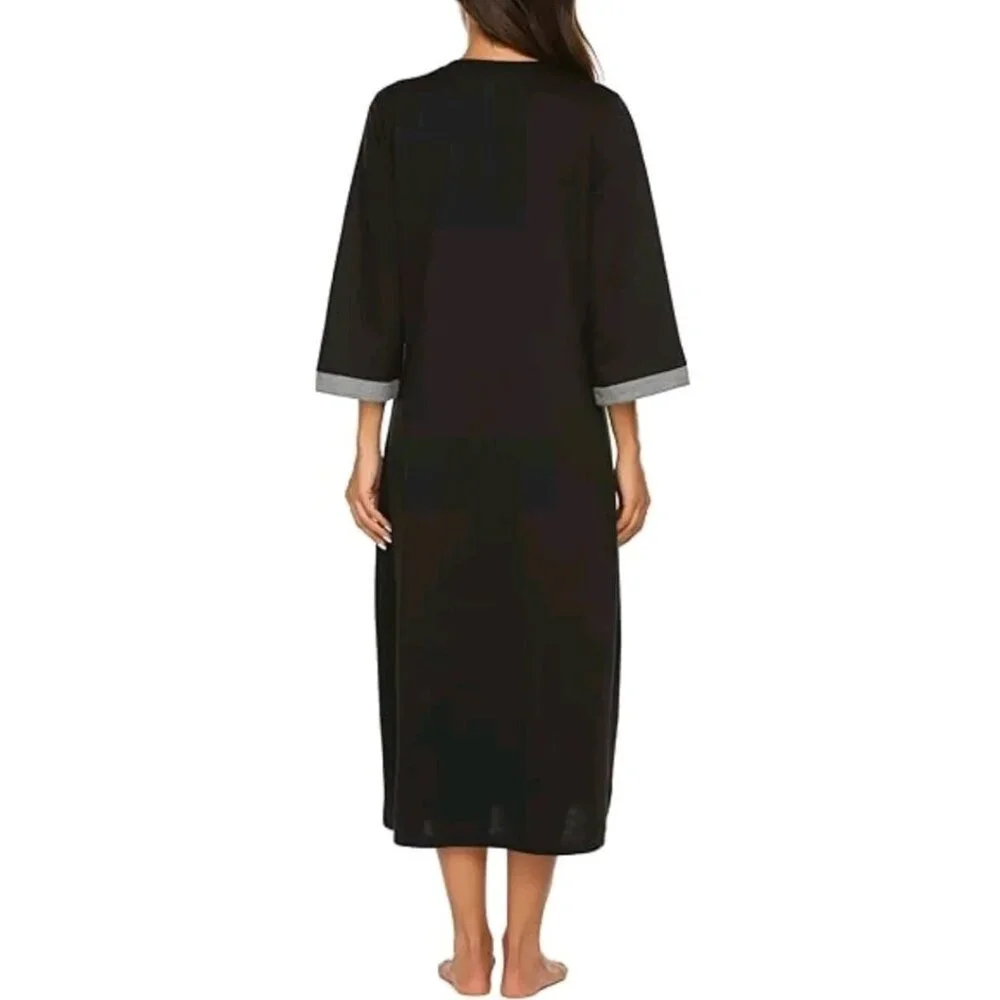 Ekouaer Women XL Zipper Robe 3/4 Sleeve Loungewear Full Length Duster Black Gray - Picture 5 of 7